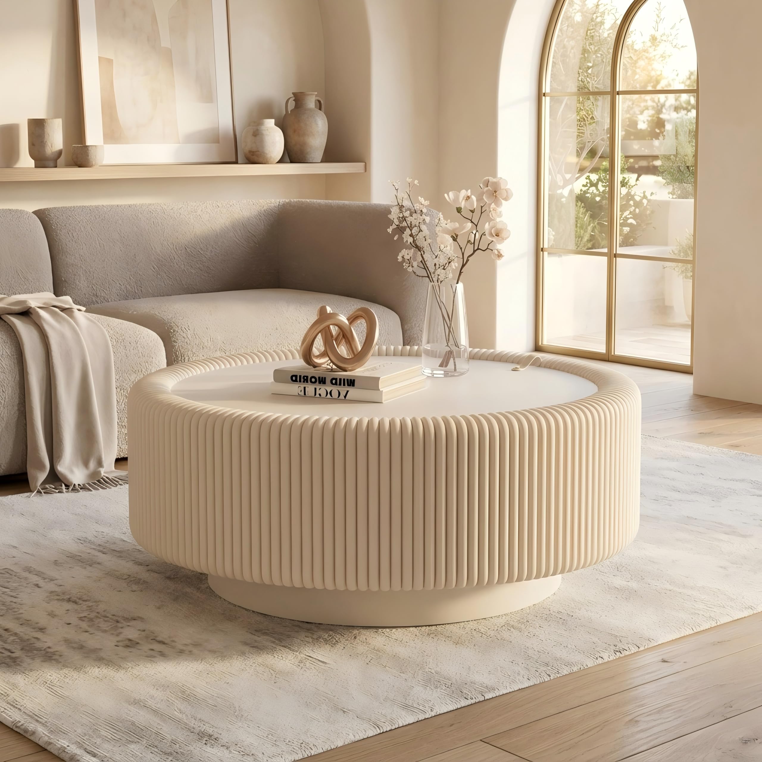 KEIKI Round Coffee Table with Tempered Glass Top, Fluted PU Leather Coffee Tables with Hidden Storage, Modern Accent Tea Table with Metal Base for Living Room Bedroom Small Space, White