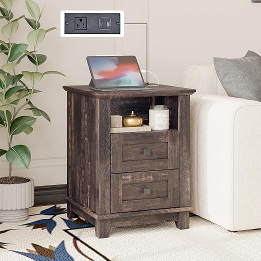 Farmhouse Nightstand Set of 2 with Charging Station