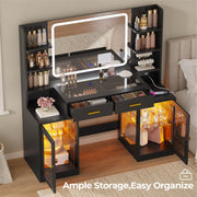 ADORNEVE Makeup Vanity with Mirror & Lights, RGB Cabinets, Vanity Desk with 2 Glass Top Drawers & Power Outlet, for Teen Girls, Women, Black