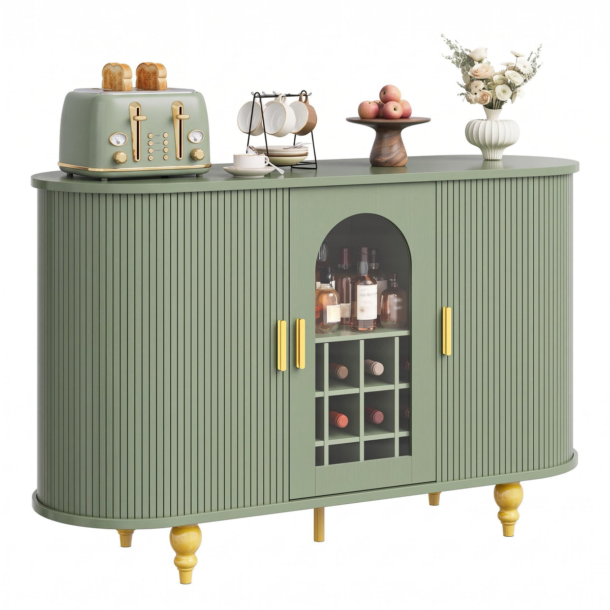 Garvee Modern Coffee Bar Cabinet with Wine Glass Rack,Green