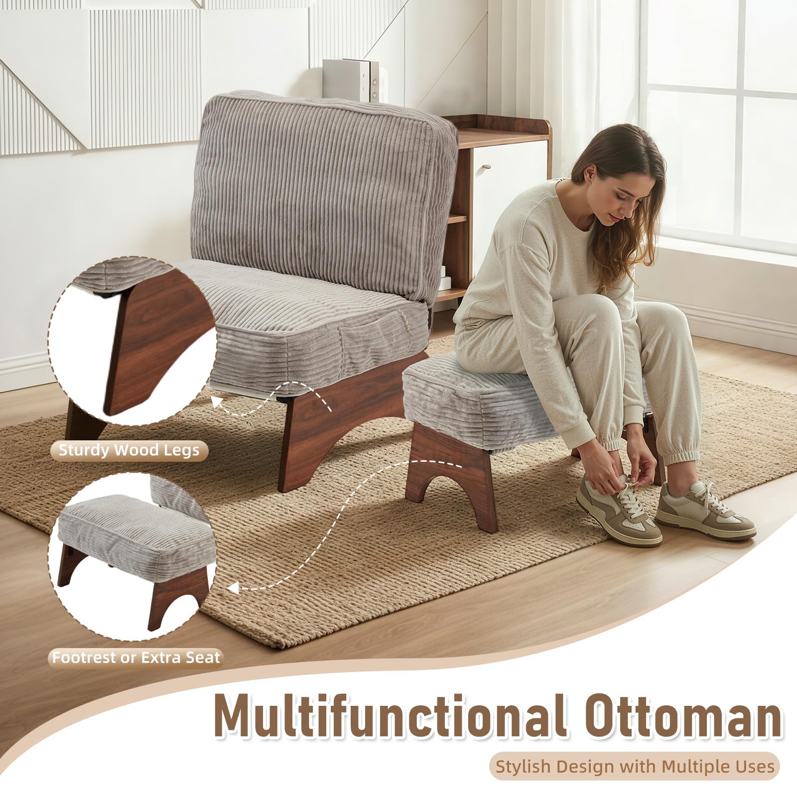 Corduroy Accent Chair with Ottoman & Adjustable Backrest