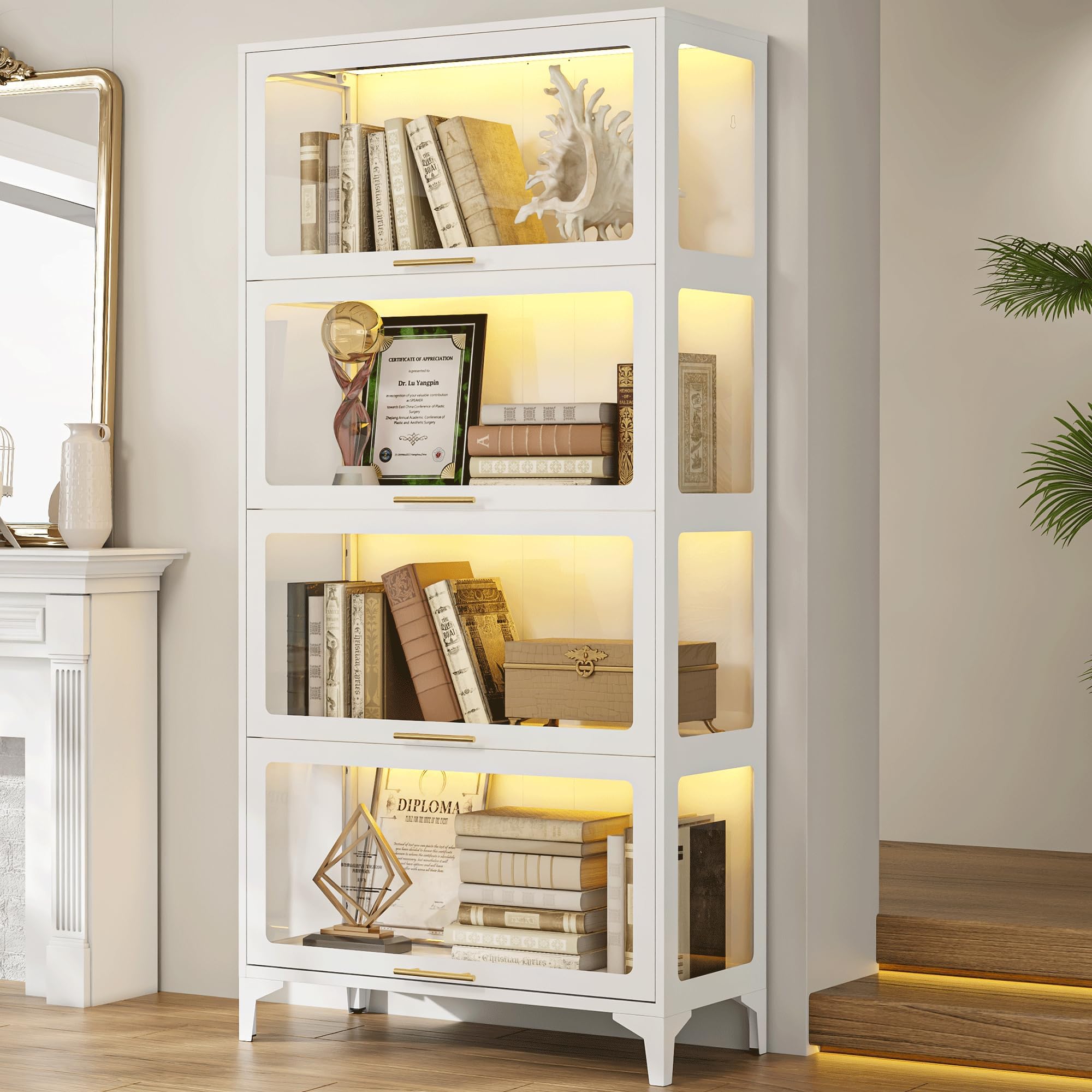 NadooLite 4-Tier LED Lighted Display Cabinet with Glass Doors, Curio Storage Cabinet for Collectibles, Glass Display Case, Modern Tall Showcase Cabinet for Living Room, Home Office and Study, White