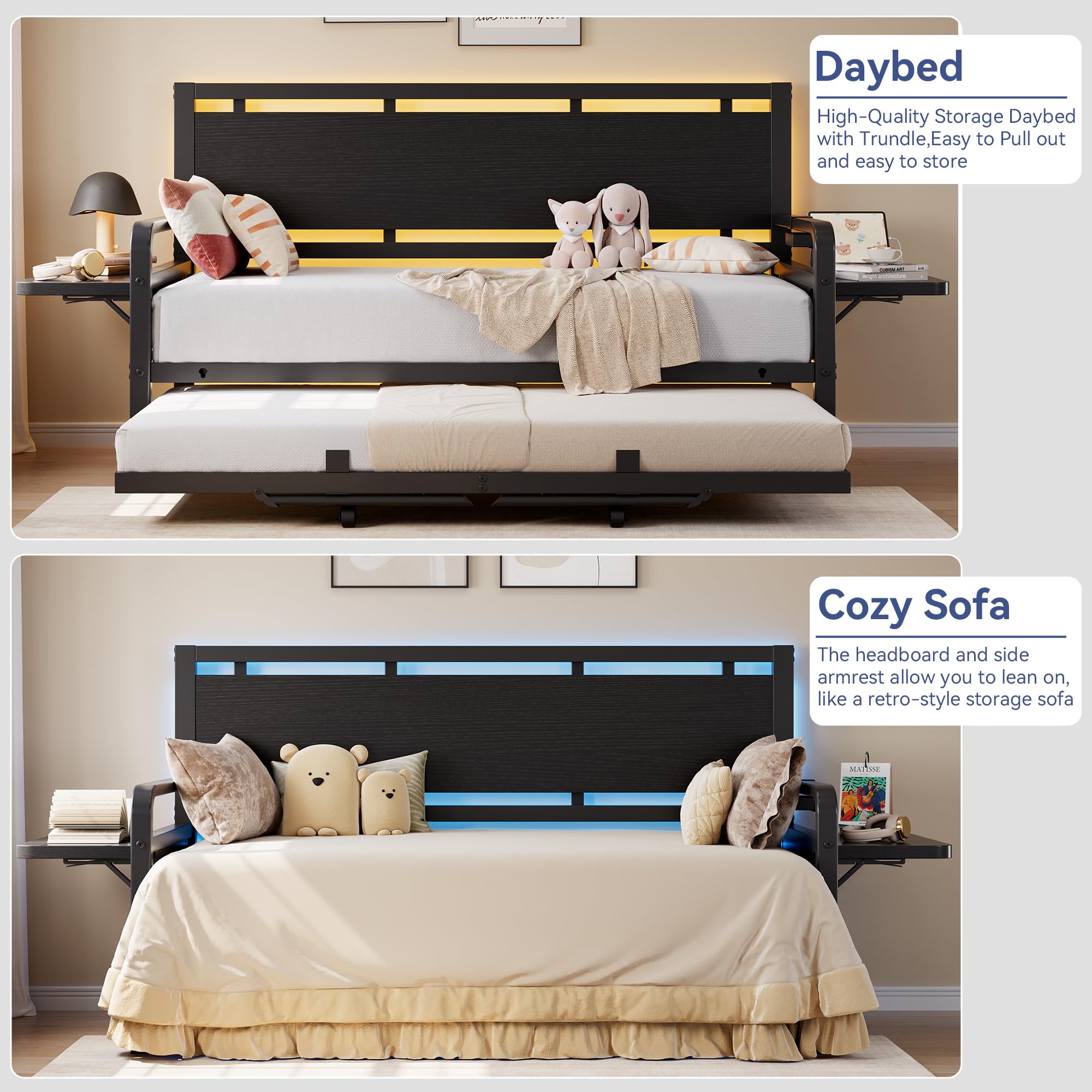 Twin Daybed with Trundle & LED Light