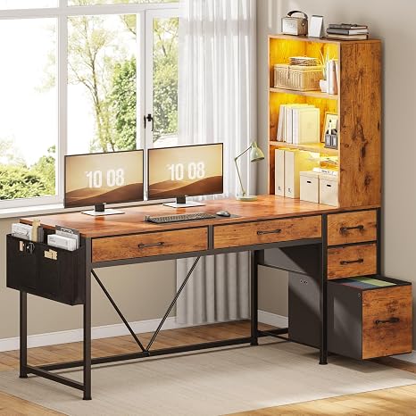 Reversible Gaming & Home Office Desk with Drawers, Bookshelf & RGB LED Lights