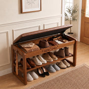 Solid Wood Shoe Rack Bench with Flip-Top Storage Padded Leather Seat 31.5''