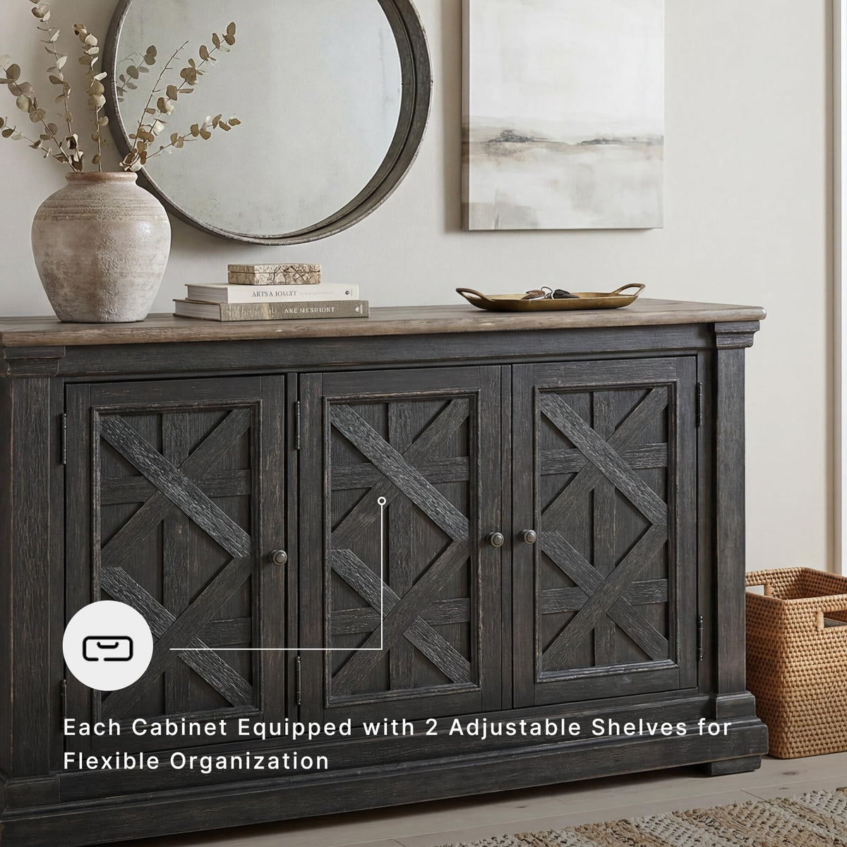 Signature Design by Ashley Farmhouse Sideboard Buffet Cabinet, Black/Gray