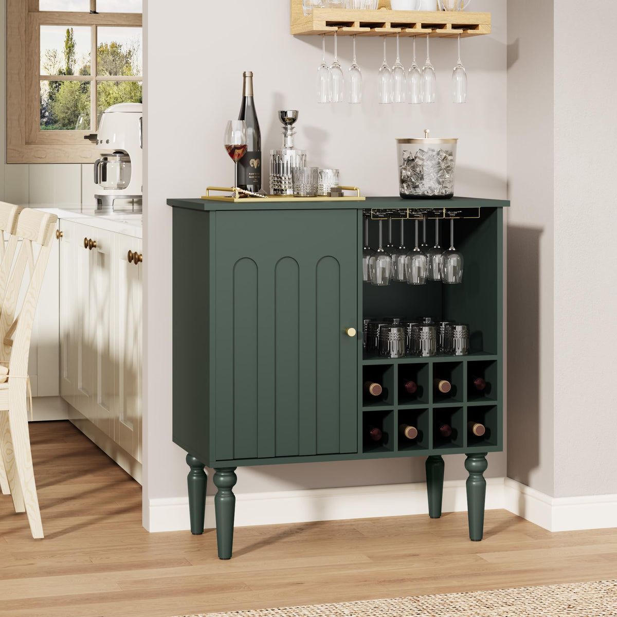 Surmorn Arched Fluted Coffee Bar Cabinet with Storage& Wine Racks, Green