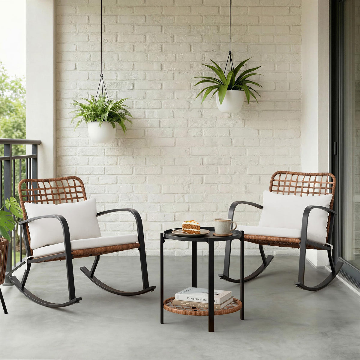 Mugovelo 3 Piece Patio Bistro Set with Cushion, 2 Rocking Chairs with Table