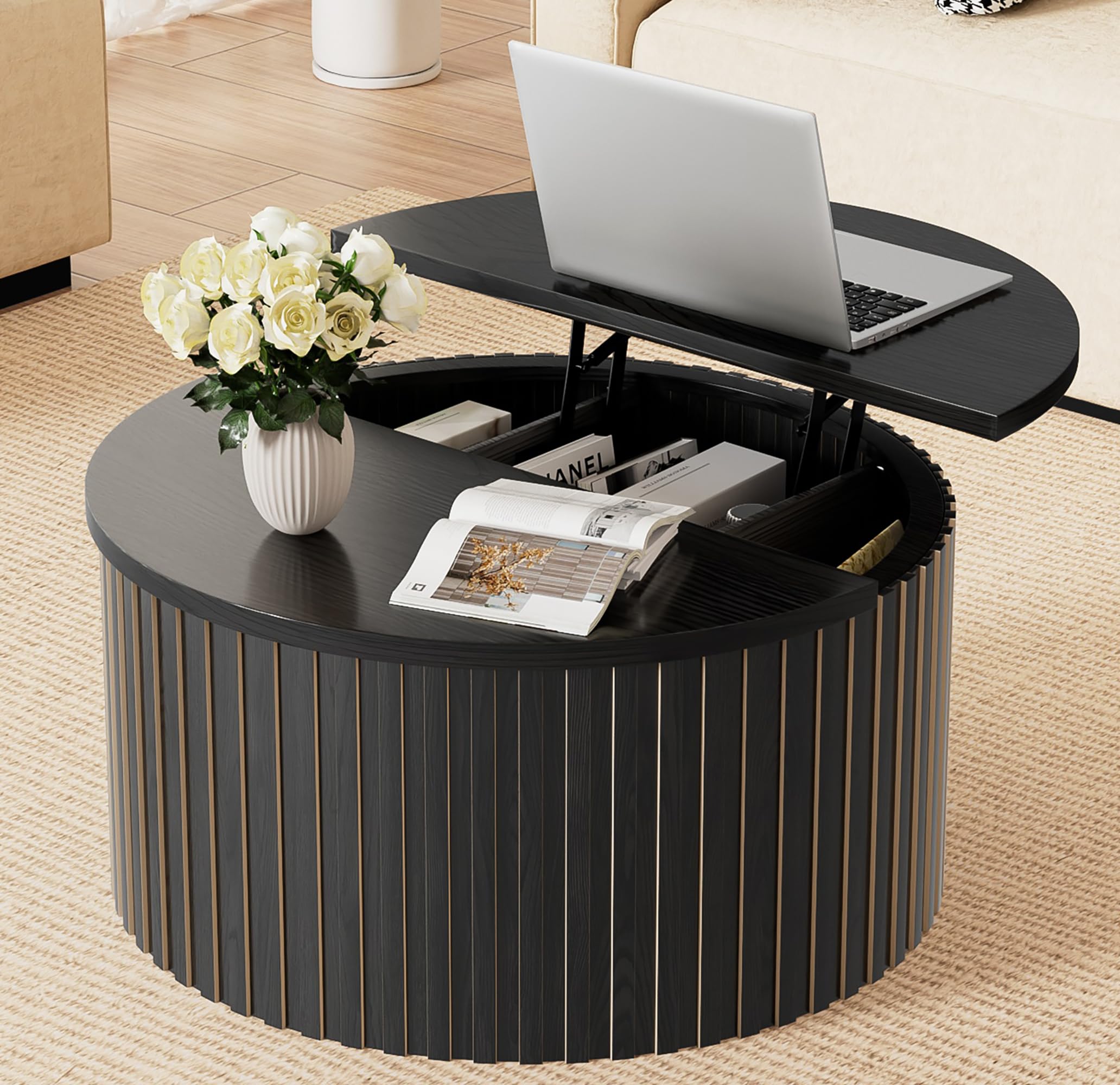 Limaoaio Fluted Lift Top Coffee Table with Storage, 31.5'' Farmhouse Round Coffee Tables for Living Room, Modern Wood Center Tables with Hidden Compartment for Home, Office (Black)