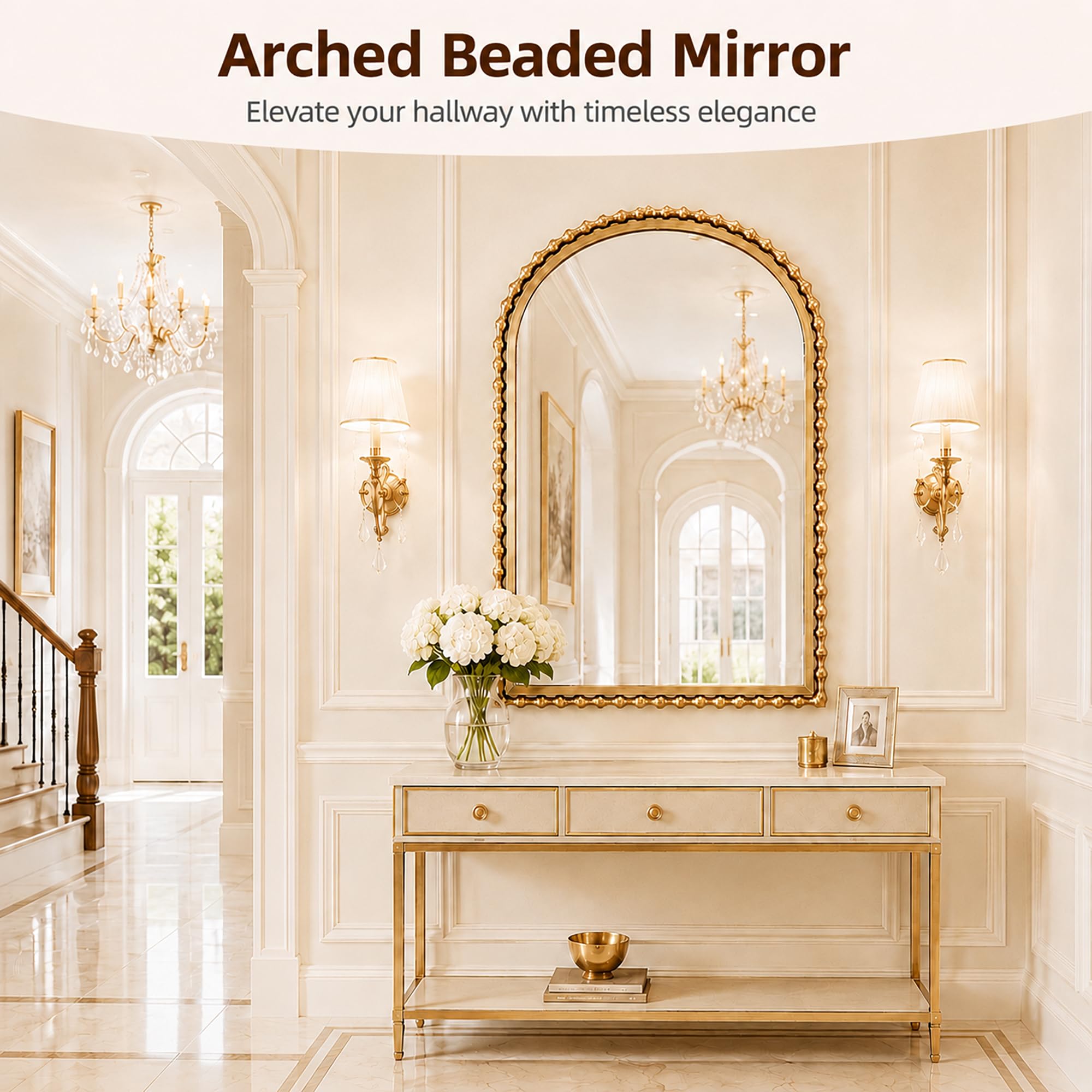 CAVINHOME 30x40 Inch Arched Wall Mirror, Antique Gold Beaded Metal Frame, Large Vertical Wall Mirror for Entryway, Bedroom or Hallway, Decorative Wall Mounted Mirror