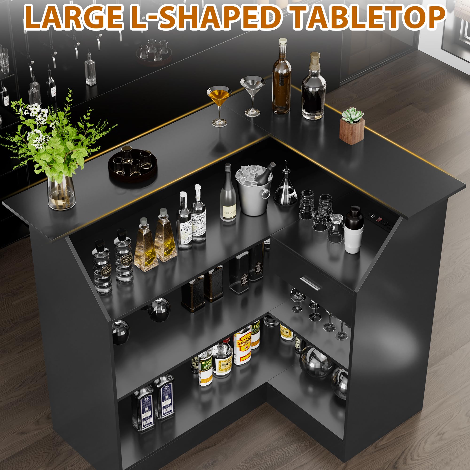 L-Shaped Corner Bar Cabinet with Power Outlet