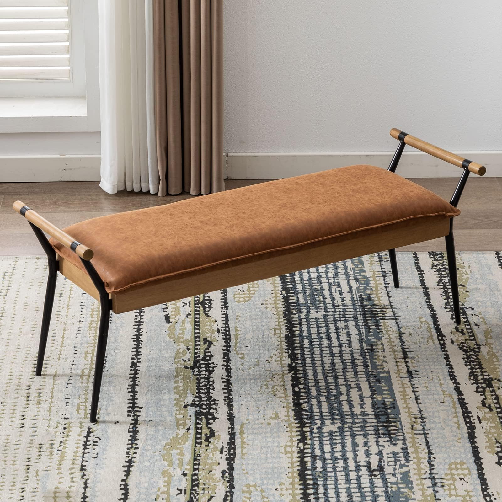 Upholstered Ottoman Bench with Arms & Metal Legs