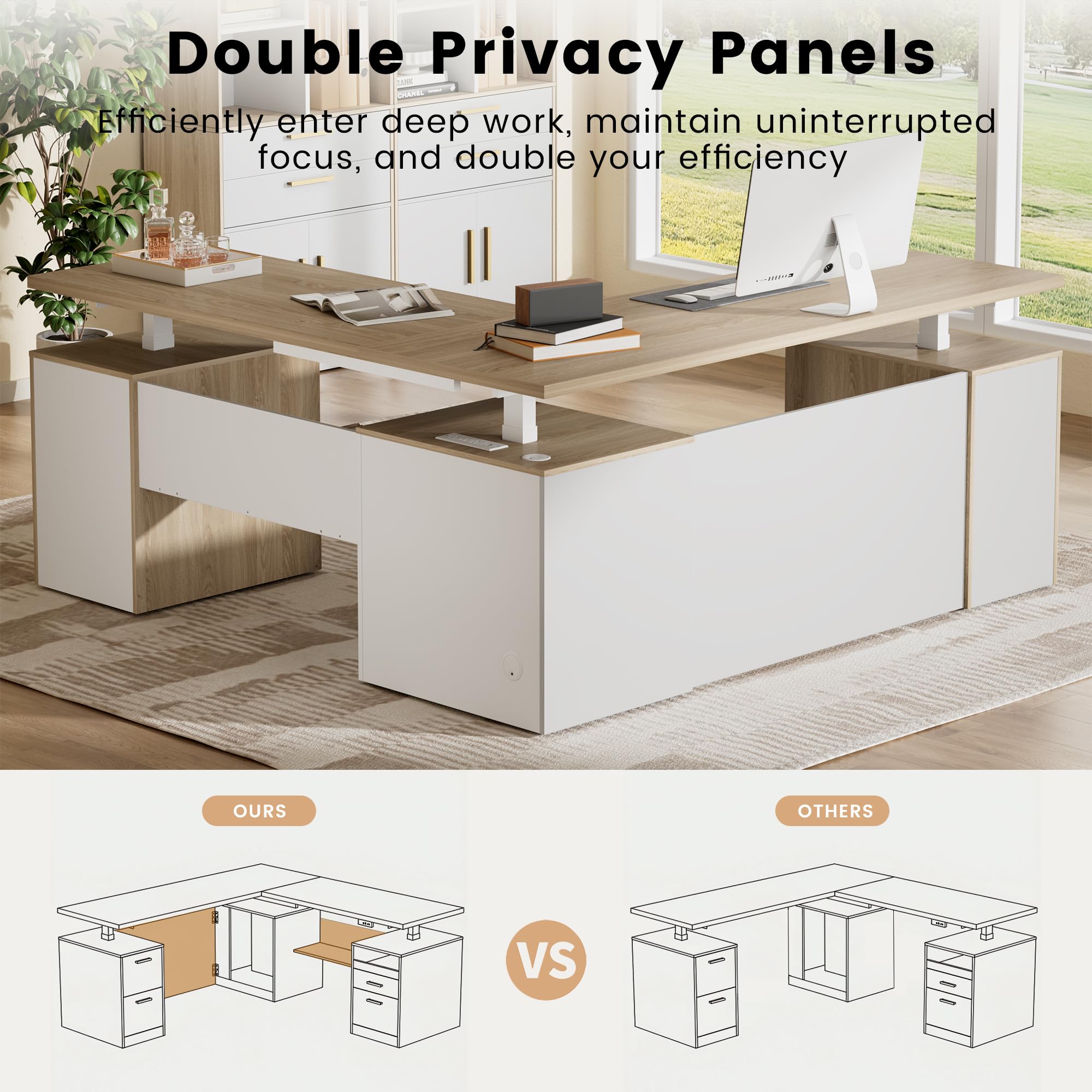 L-Shaped Electric Standing Desk with Drawers & Privacy Panel