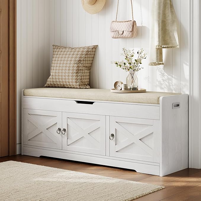 Farmhouse Shoe Storage Bench with Cushion Seat