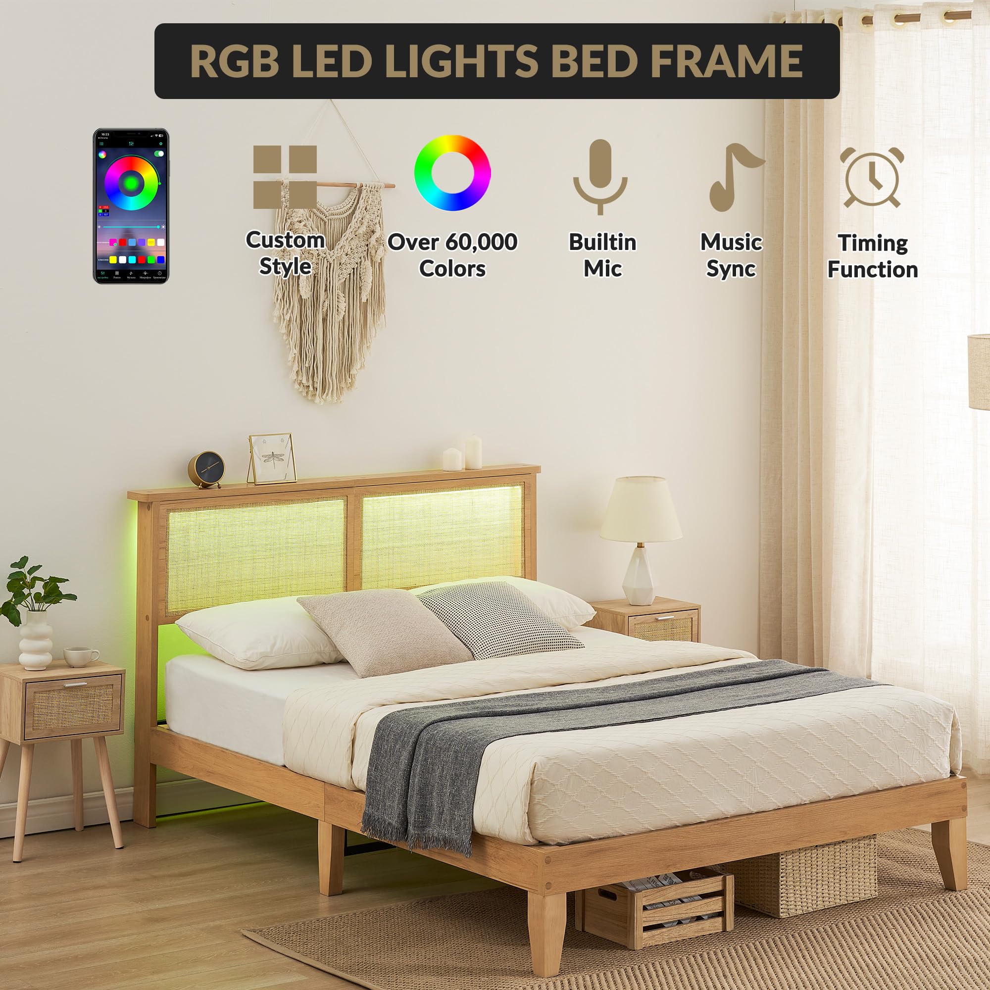Garvee Full Size Rattan Bed Frame, Bohemian Rattan Bed Frame Full with Natural Headboard, LED Lights, No Box Spring Needed