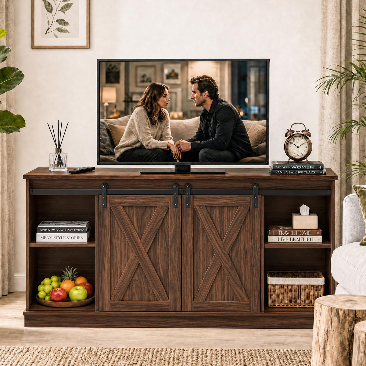 DUMOS Farmhouse TV Stand for Up to 65 Inch TVs, Entertainment Center for Living Room & Bedroom, TV Console Table with Sliding Barn Door, Storage, Holds up to 300 lbs, Rust