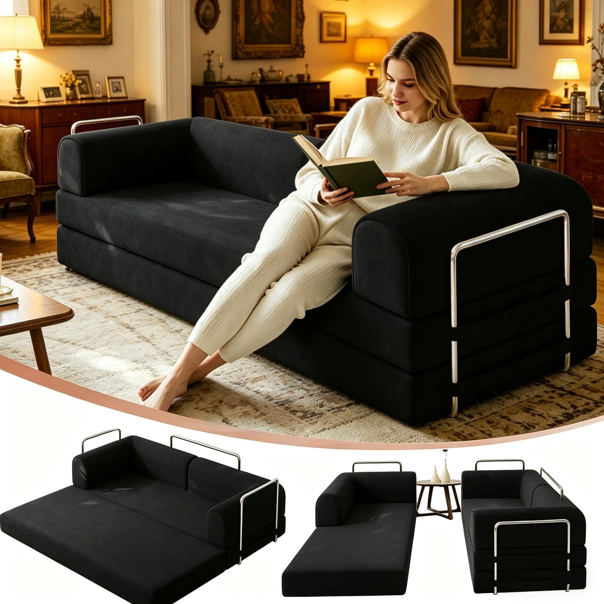 79” Convertible Sofa Bed, 35D High-Density Foam&Corduroy Fabric Sleeper Couch Bed, Fixed-Shape Frame & Removable Armrests,Modular Folding Small Loveseat Futo, Sectional Couch for Small Spaces (Black)