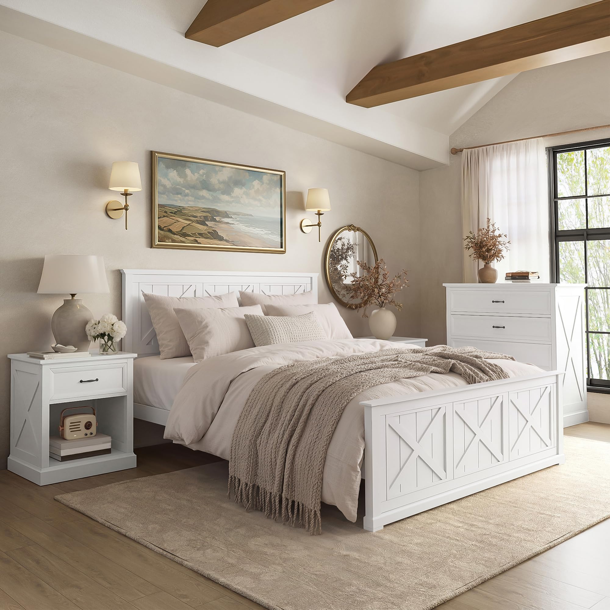 4 Piece Bedroom Set, Farmhouse Queen Size Bedroom Furniture Sets with Storage Nightstands and 1 Dresser, Bedroom Furniture Sets with Wooden Platform Bed Frame for Bedroom, White