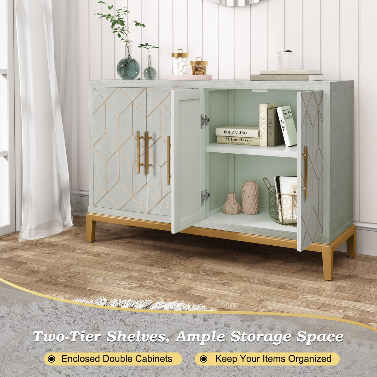 Green 4-Door Sideboard with Gold Trim