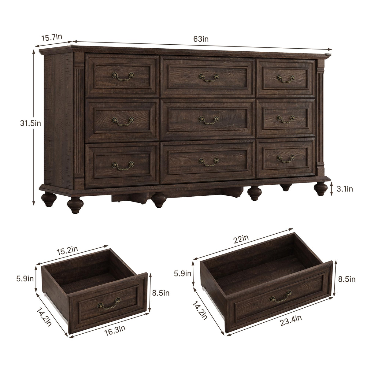 St.Mandyu 63" Farmhouse 9 Drawer Dresser for Bedroom with 6 Gourd Feet and Roman Column Decor, Wide Wood Country Rustic Chest of Drawers, Storage Dressers for Bedroom, Living Room, Rustic Brown