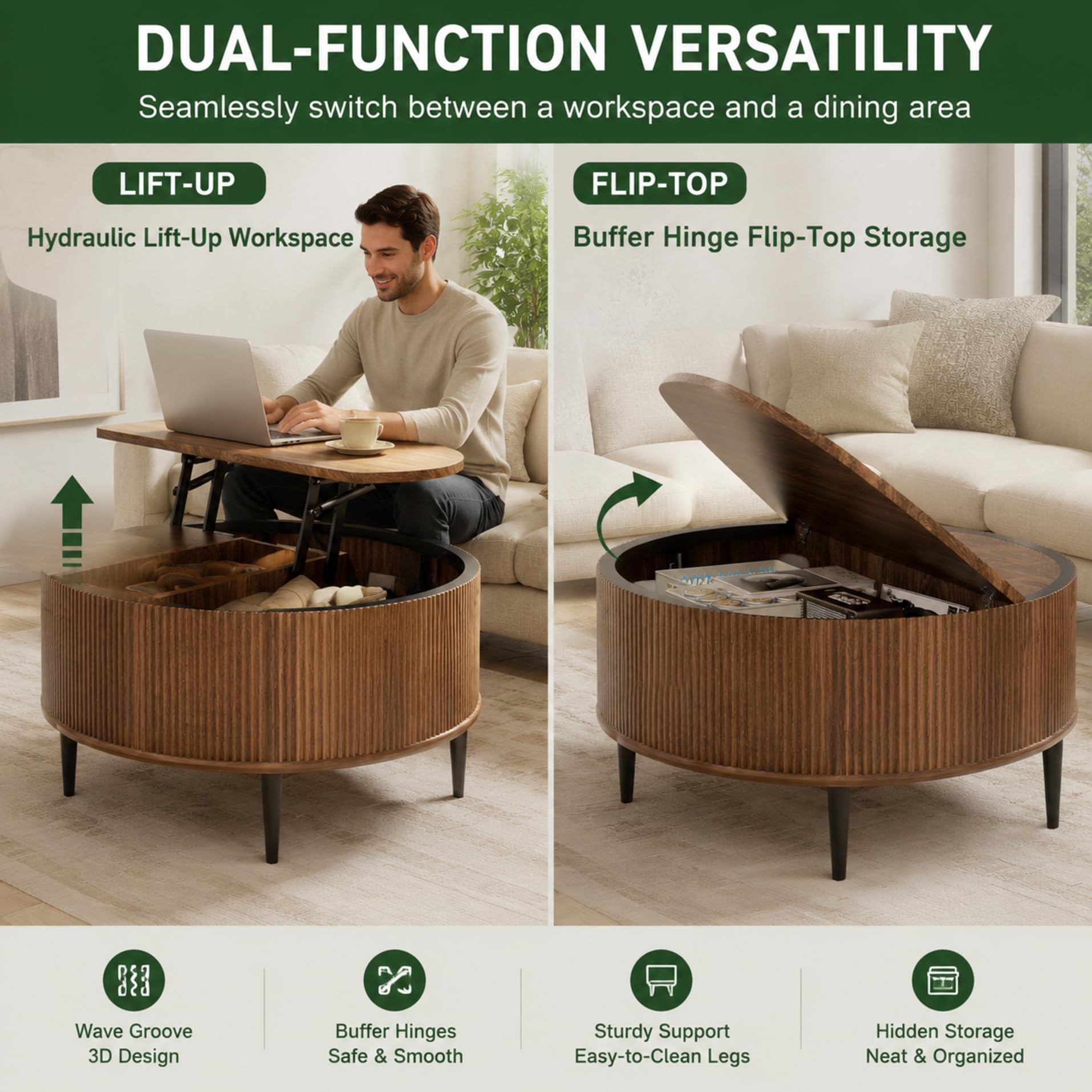 Yechen 31.5" Round Coffee Table with Storage,Fluted Lift Top Center Table, Midcentury Modern Flip-top Curved Table for Living Room,Walnut