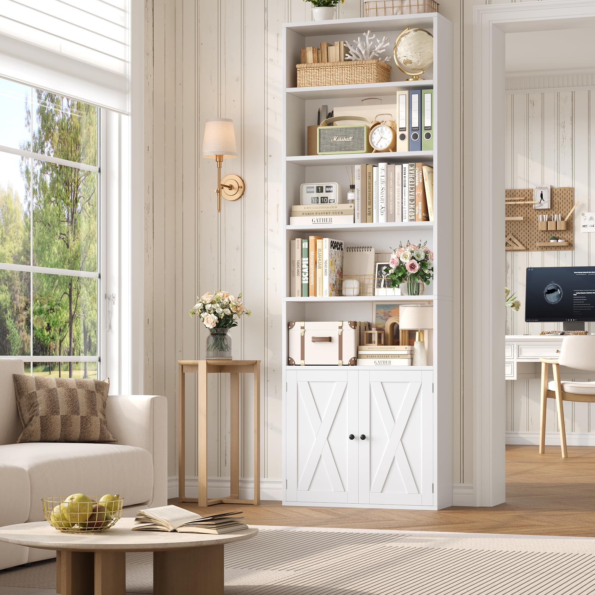 FACBOTALL 82" Tall Bookcase and Book Shelf, 24" Wide Bookshelf with Doors, 7 Tier Bookcase with Storage and Adjustable Shelf, Open and Display Farmhouse Bookshelf for Living Room, Home Office, White