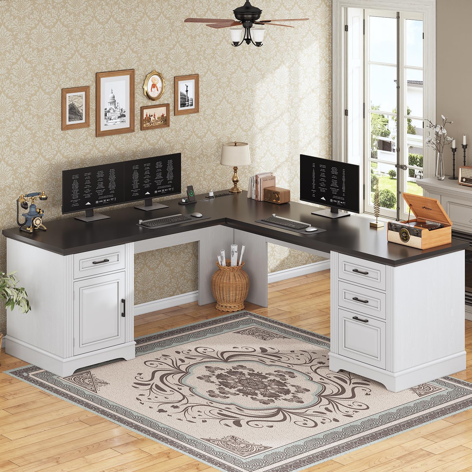 L-Shaped Executive Desk with Drawers & Power Outlet