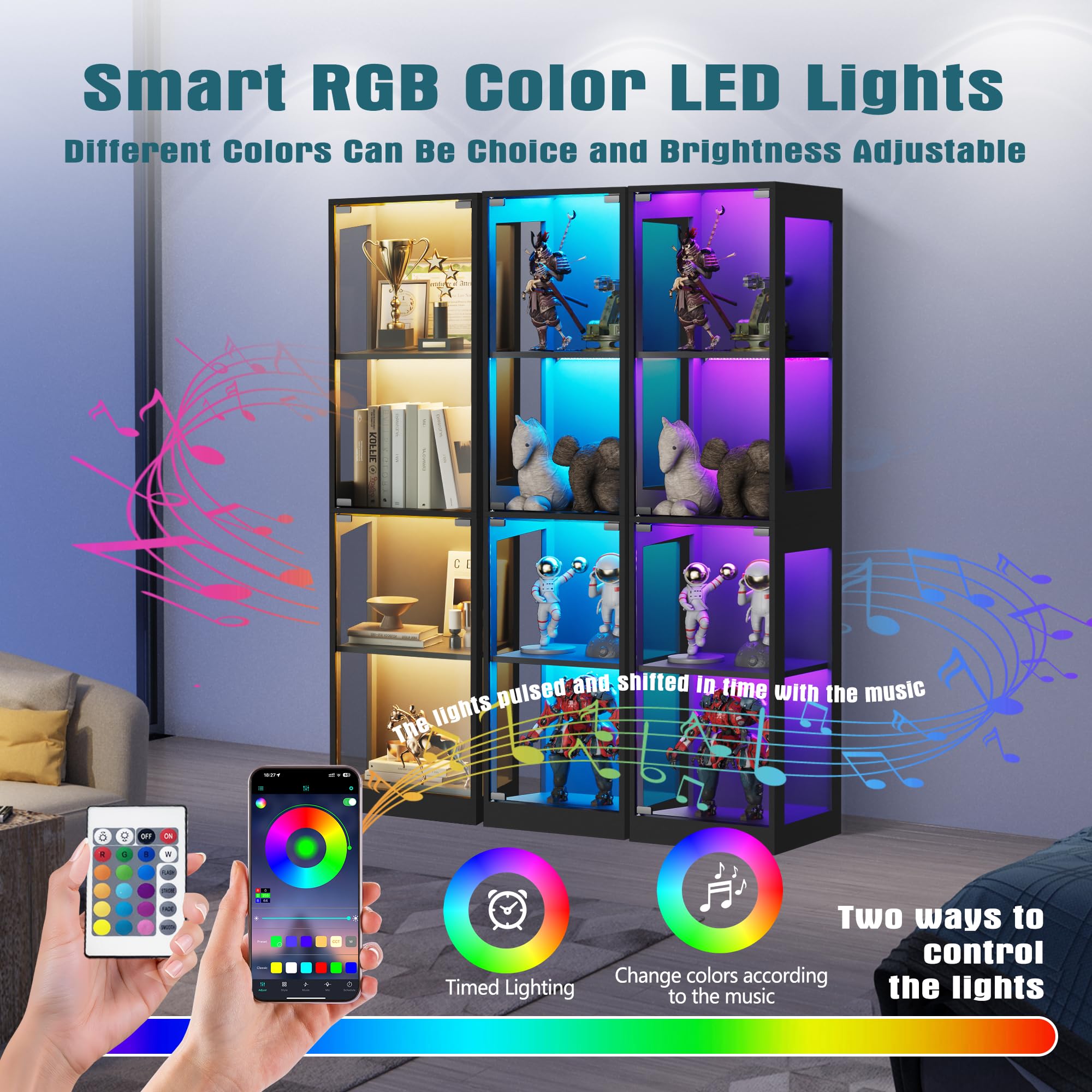 4-Tier Glass Display Cabinet with RGB LED Lights, Pop-Up Doors & Anti-Tip Device