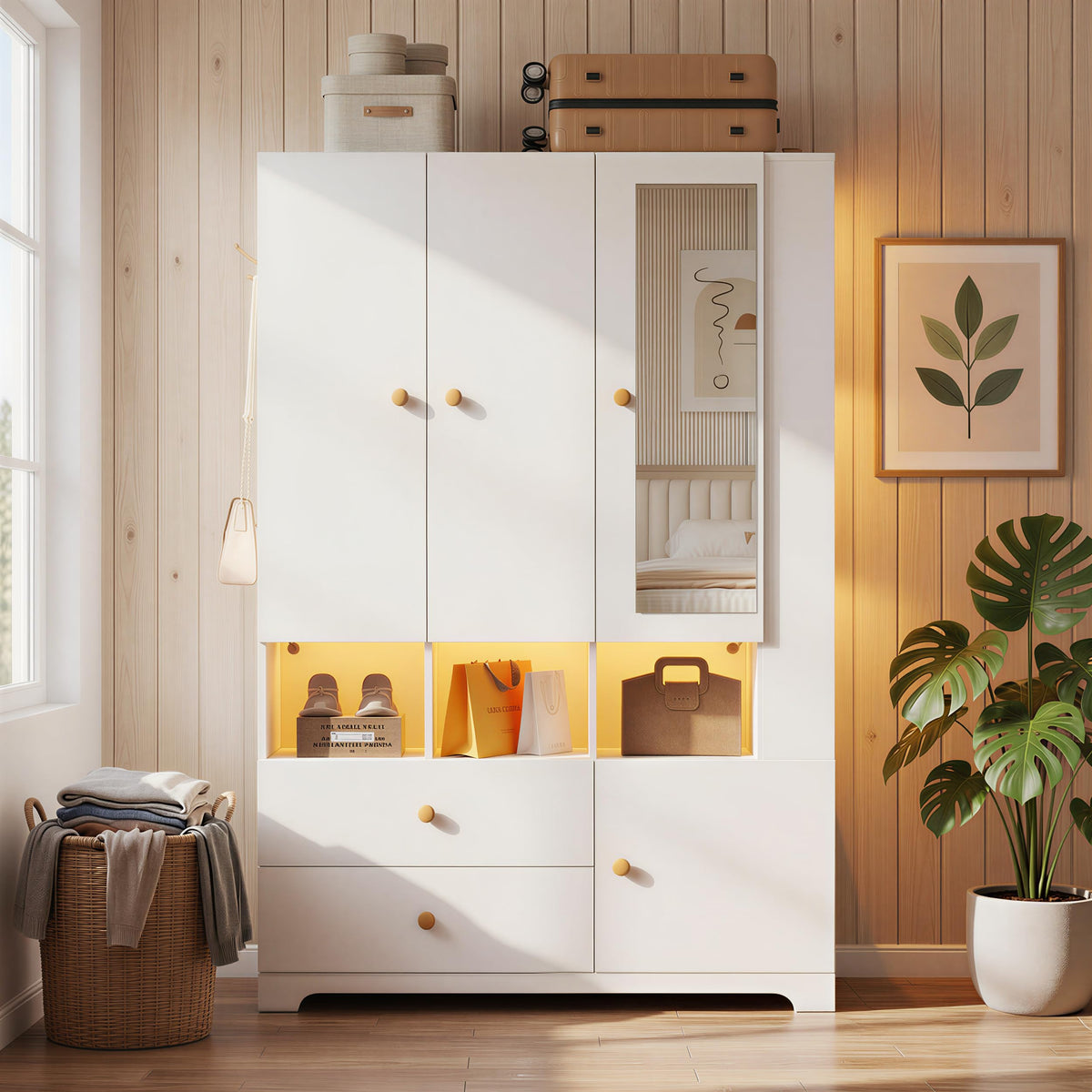 PAKASEPT 3‑Door Armoire Wardrobe Closet,71" Bedroom Cabinet with Mirror