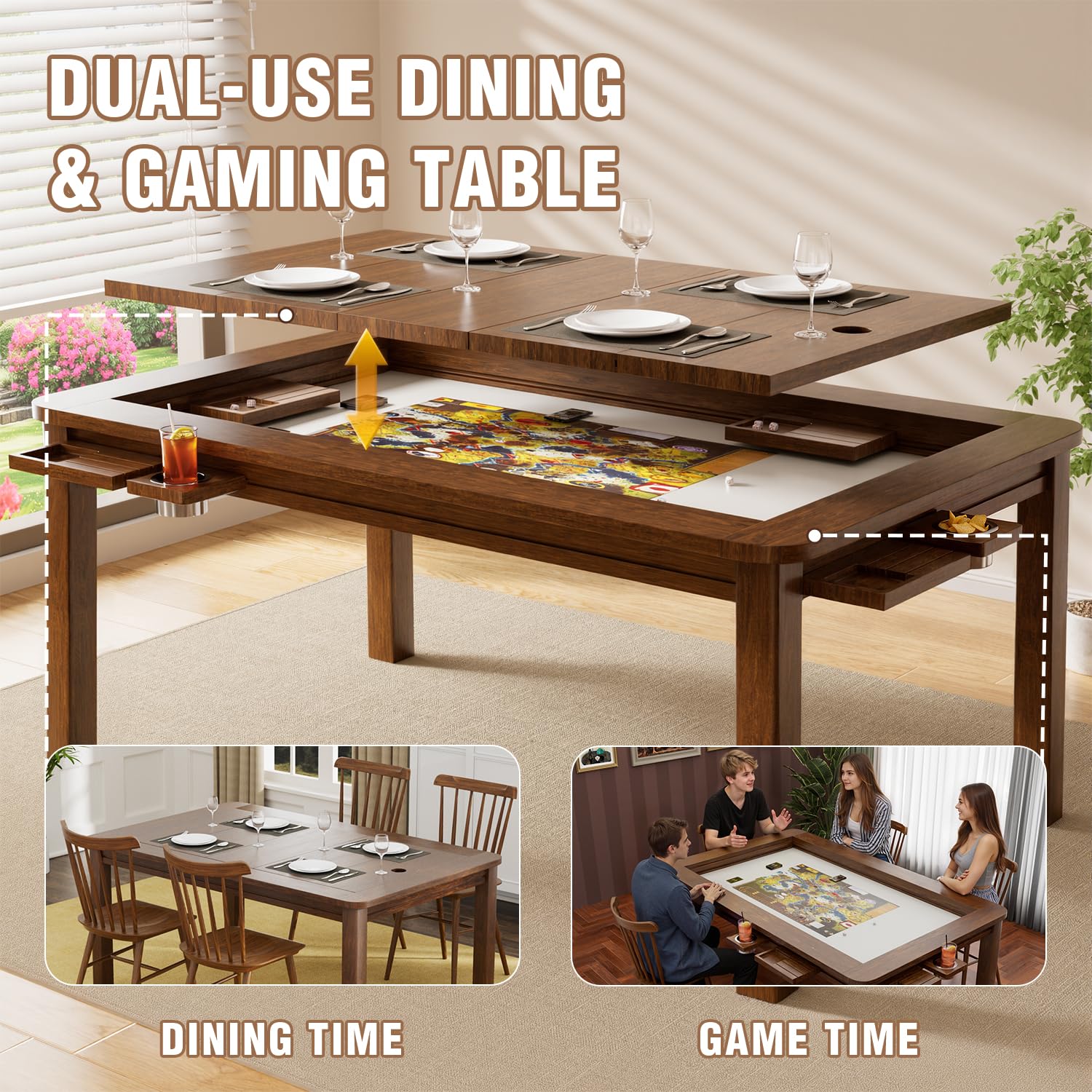 Solid Wood Board Game Table with Removable Top