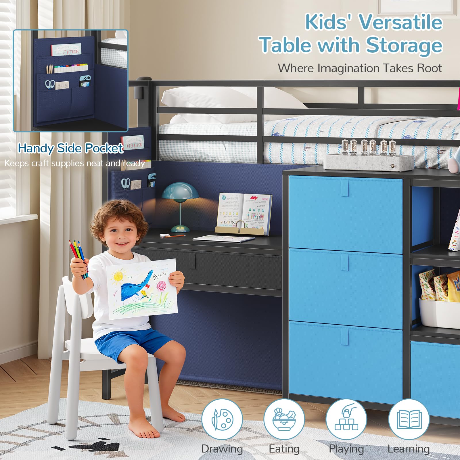 Kids Twin Low Loft Bed with Desk, Storage & LED Play Tent
