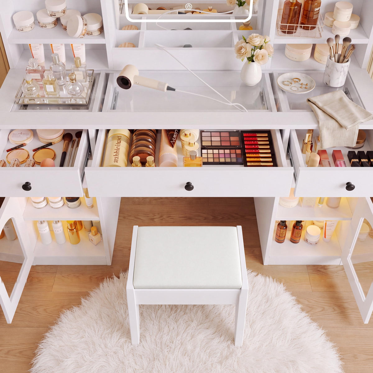 White Glass Top LED Makeup Vanity