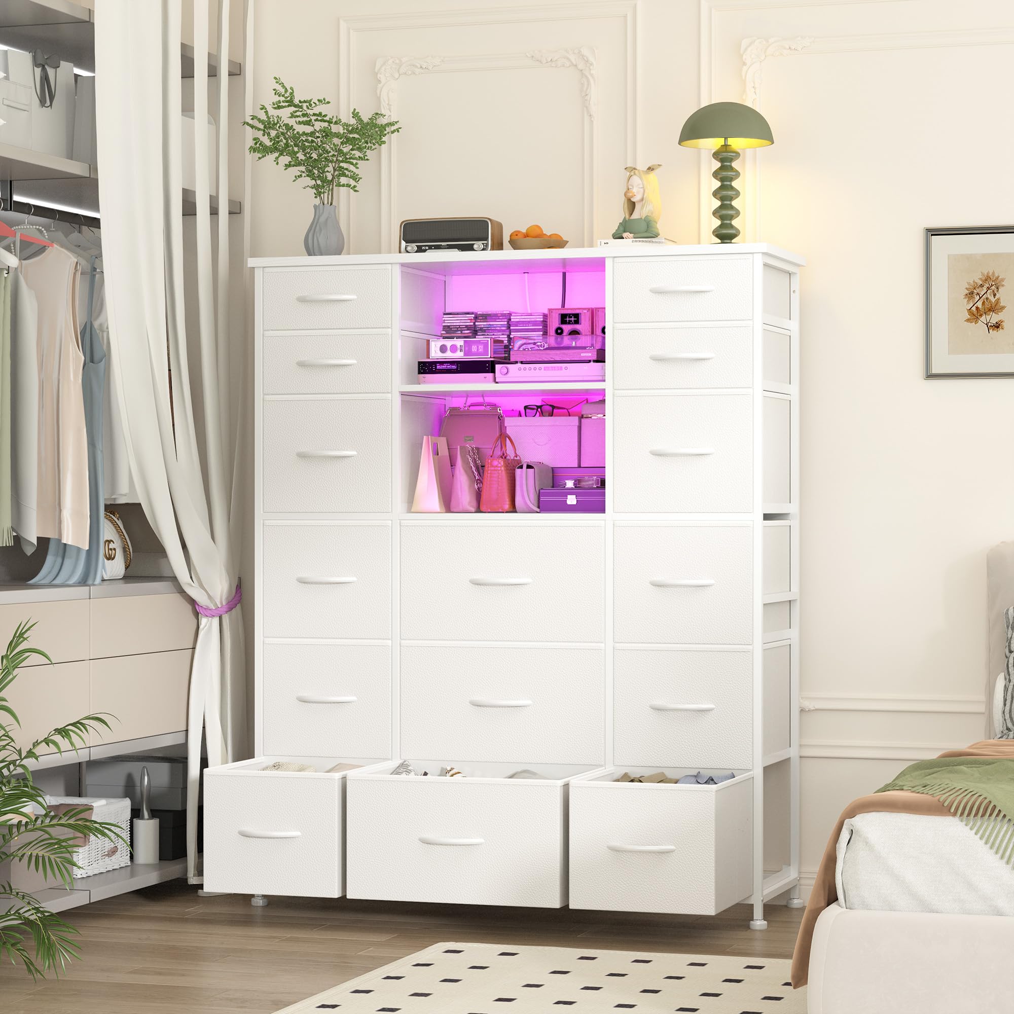EnHomee 51" H White Dresser with 15 Drawers Dresser for Bedroom with Charging Station & LED Lights & Hutch Sturdy Bedroom Dressers, Steel Frame, Wood Top, 51.2" H x 39.3" W x 11.8" D