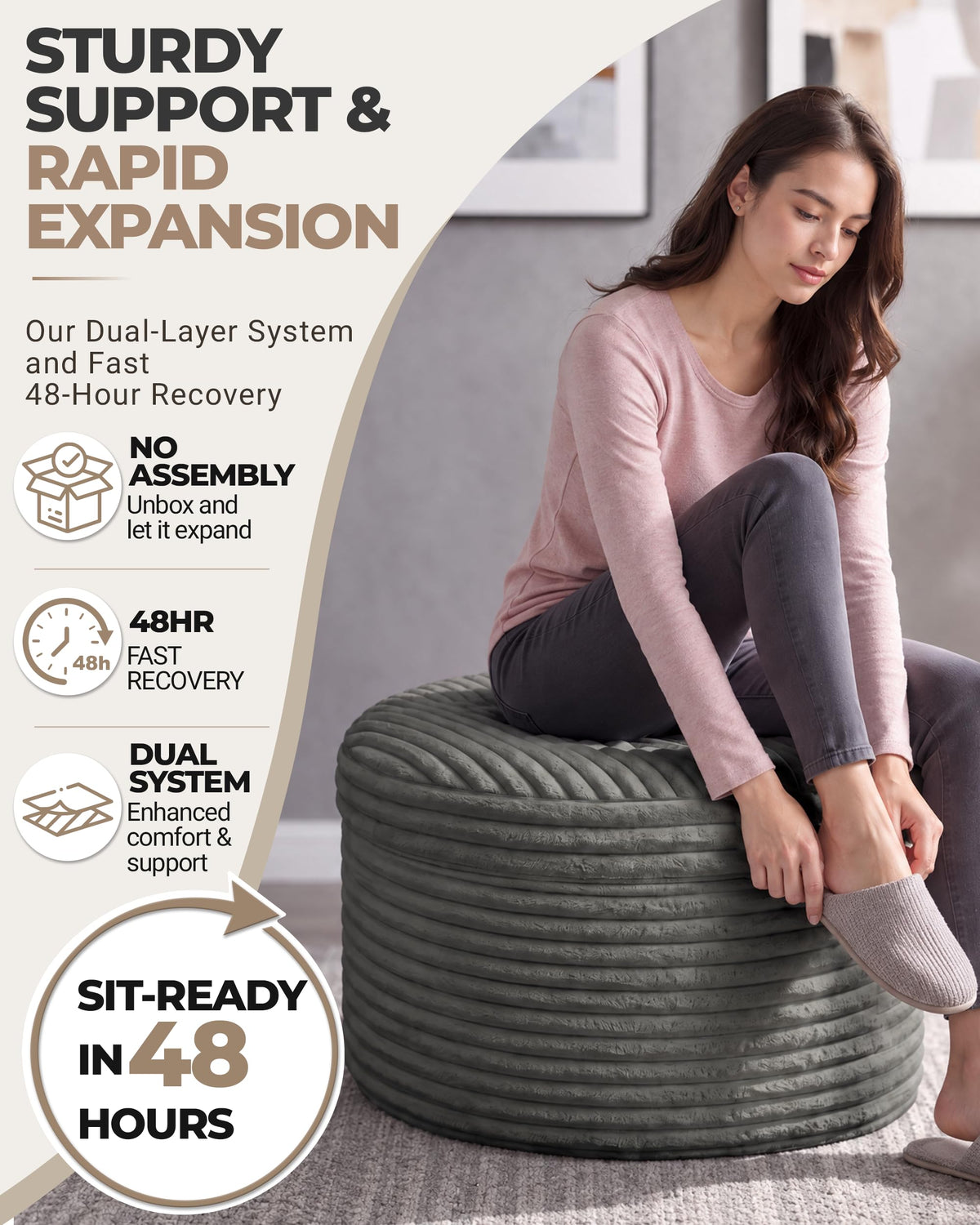 Fabulcozy 23.6in Round Pouf Ottoman, Corduroy Footstool Foot Rest Seating