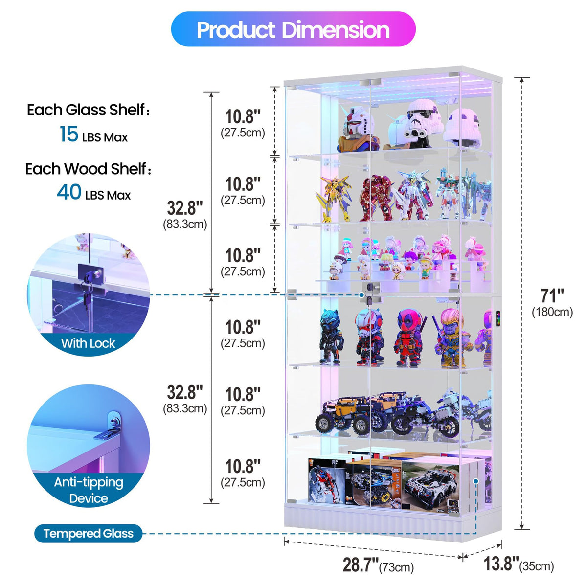 Lvifur 6-Tier Tall Glass Display Cabinet with RGB Lights for Collectibles