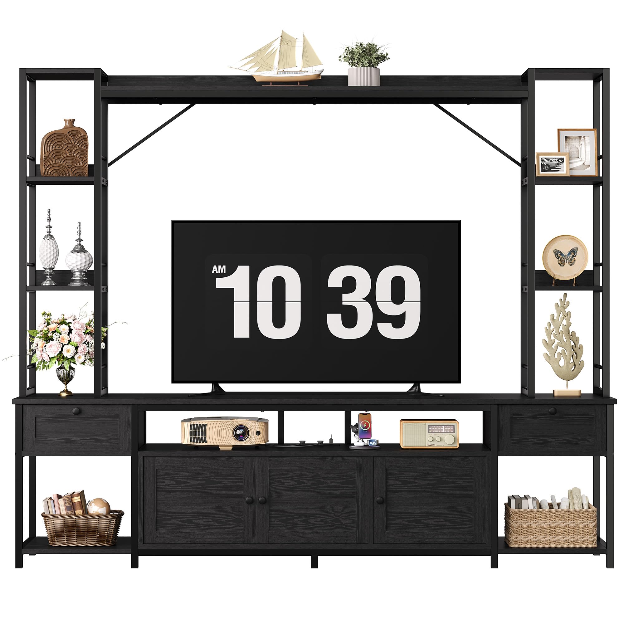 IRONCK Entertainment Center, TV Stand for TVs 65 inch with Storage and Power Outlet, Media TV Console with 2 Wood Drawers and 2 Cabinets, TV Stands for Living Room, Black
