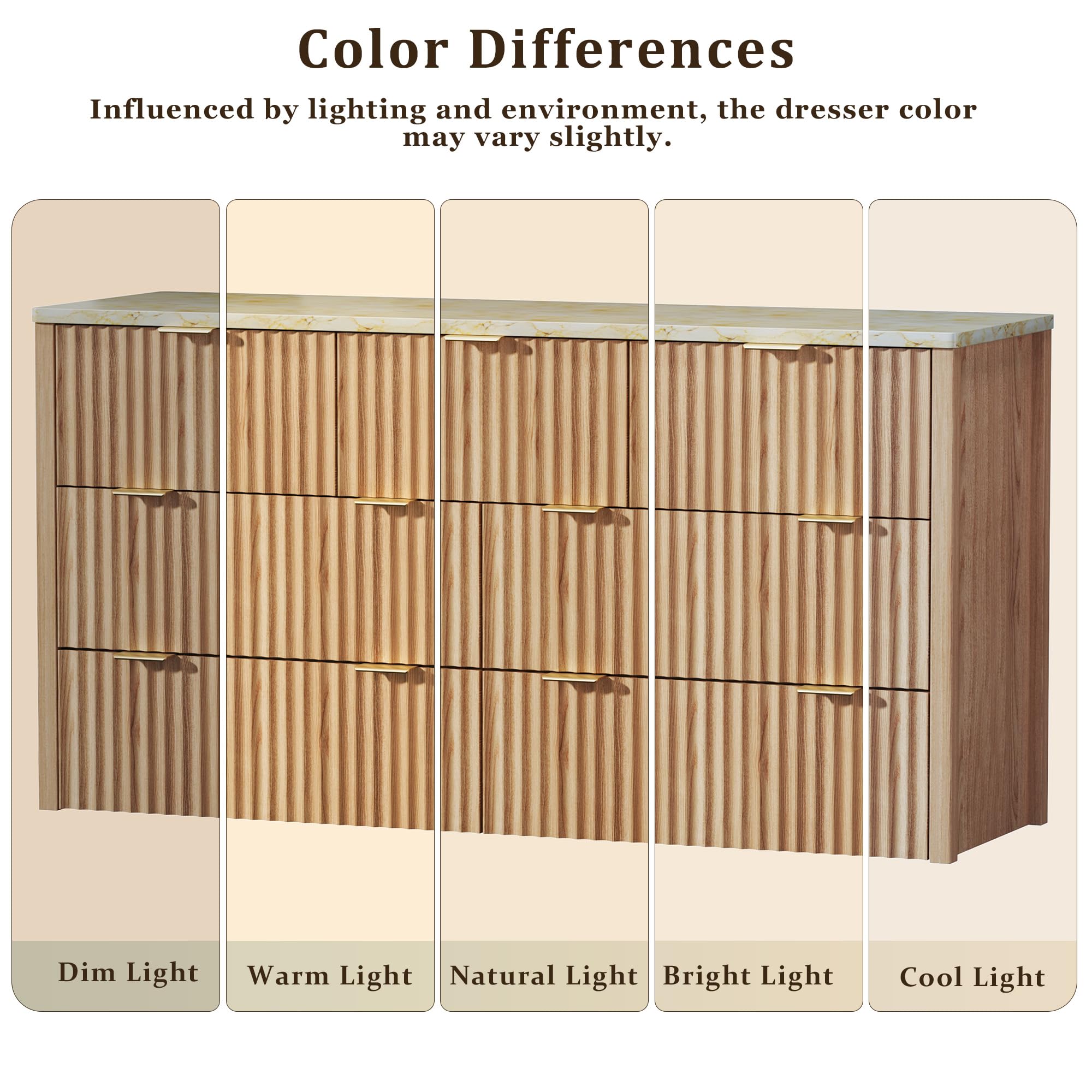 HUAHUU Fluted Dresser for Bedroom with 7 Drawers, 53" Wide Mid Century Modern Dressers with Faux Marble Top & Metal Handle, Wooden Chest of Drawers TV Stand, Natural Oak