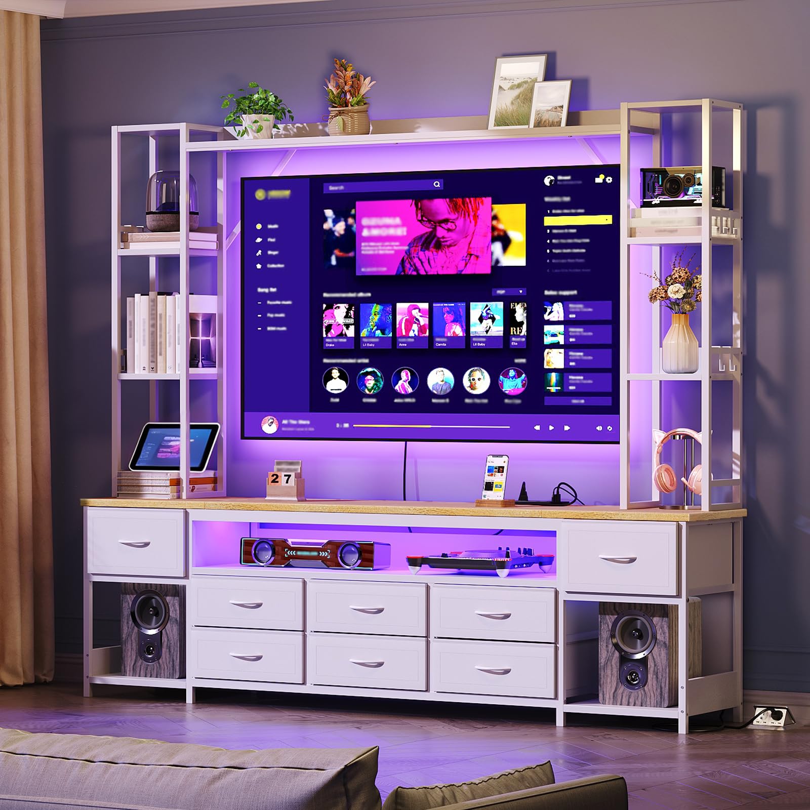 RALGEND Large Entertainment Center for Living Room, Wall Unit TV Stand with Bookshelves for TVs up to 65", Media Cabinet with Storage Drawers, LED TV Console with Power Outlets, White and Natural