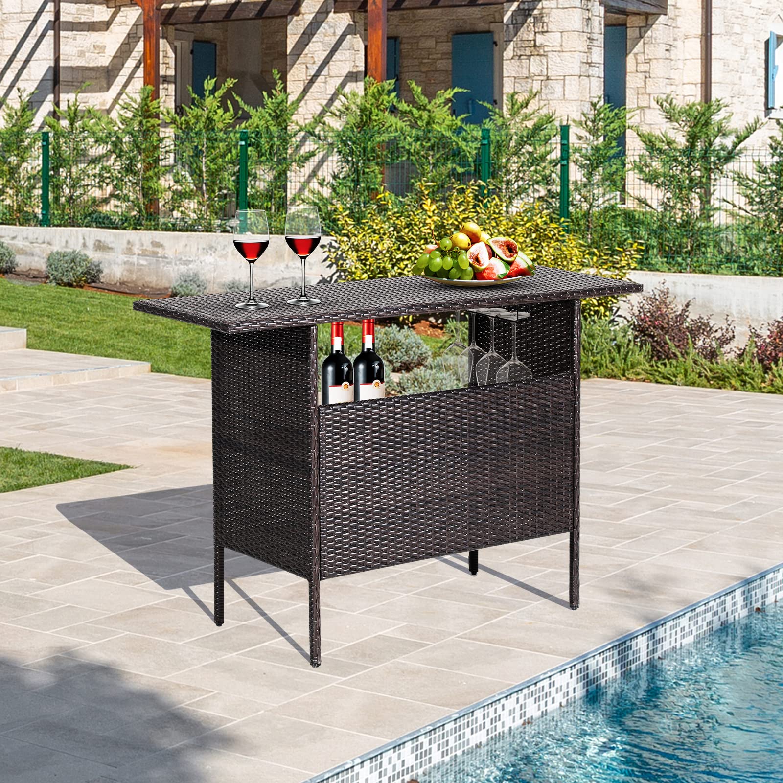 Tangkula Outdoor Wicker Bar Table, Patiojoy All Weather Patio Bar Height Table with 2 Metal Mesh Shelves & 2-Rail Steel Stemware Racks, Rattan Bar Counter Table for Backyard, Poolside (Mix Brown)