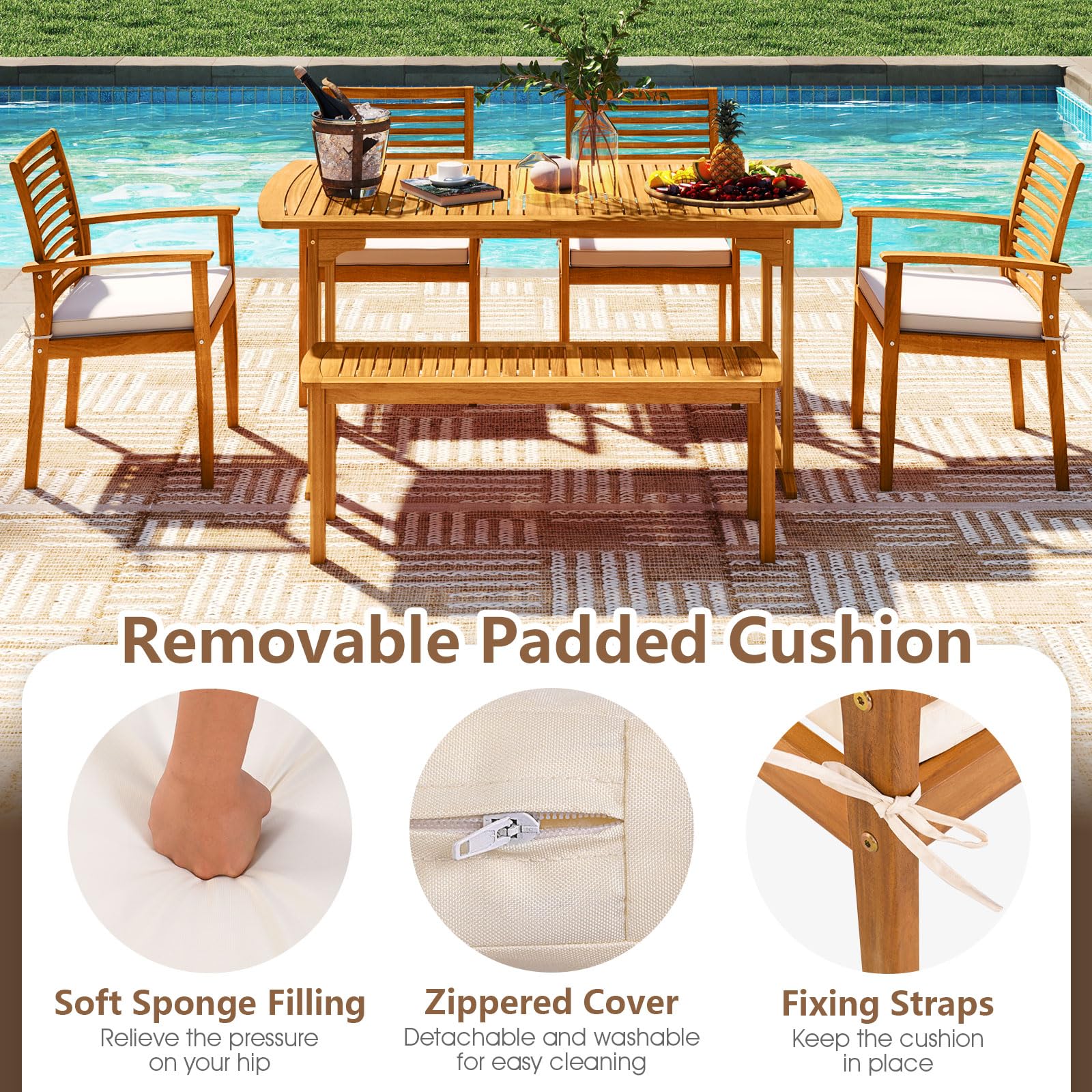 Tangkula Acacia Wood Patio Chairs Set of 4, Wood Outdoor Dining Chairs w/Removable Padded Cushion, Slatted Backrest, 400 LBS Weight Capacity, Balcony Furniture for Deck, Poolside, Yard, Garden