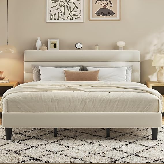Upholstered Platform Bed Frame with Velvet Headboard