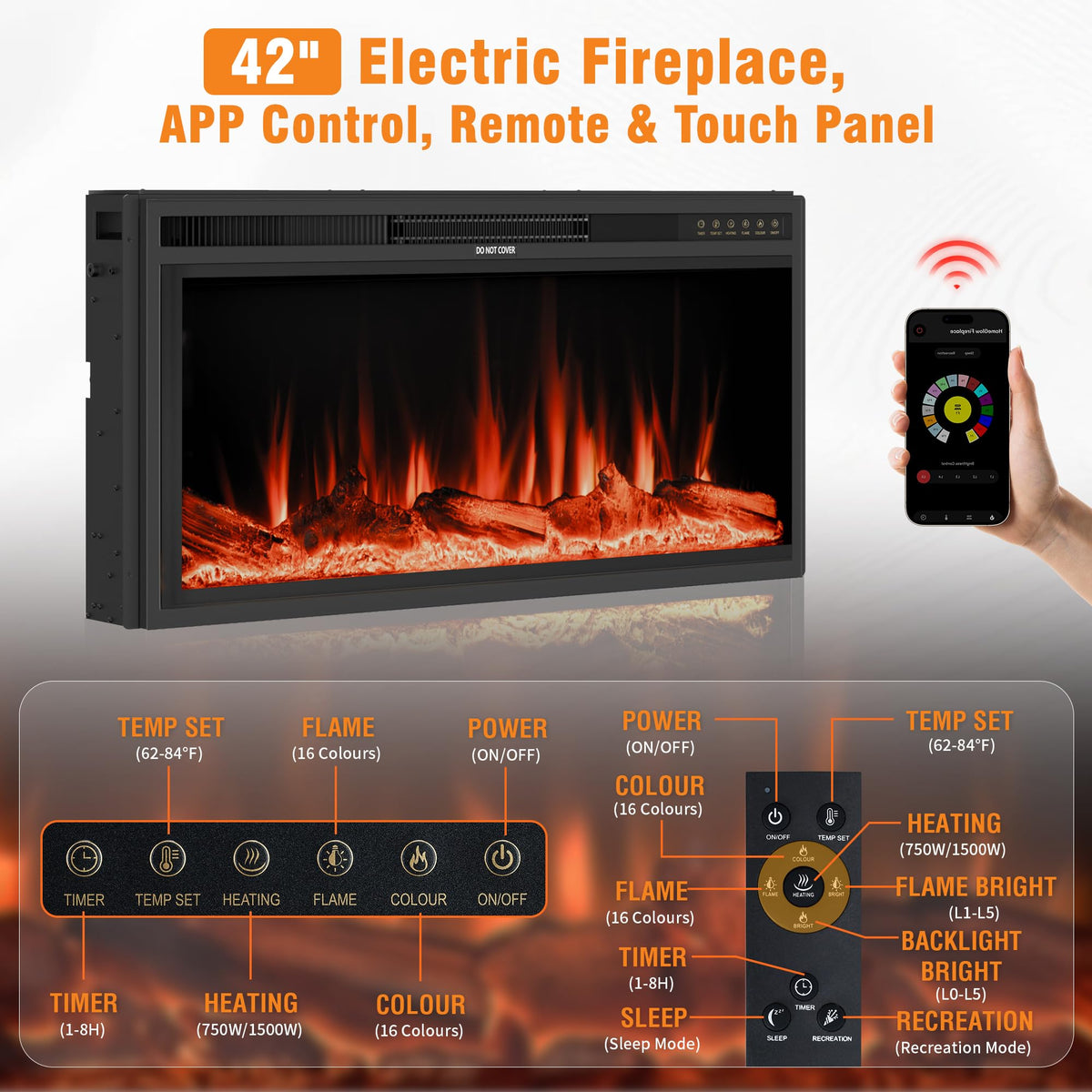 Weyderk 62" Electric Fireplace with Mantel, TV Stand with 42" Insert, 15 LED Colors & 15 Realistic 3D Flame Effects, Remote Control, 1-8h Timer, 62–84℉ Adjustable Thermostat, White