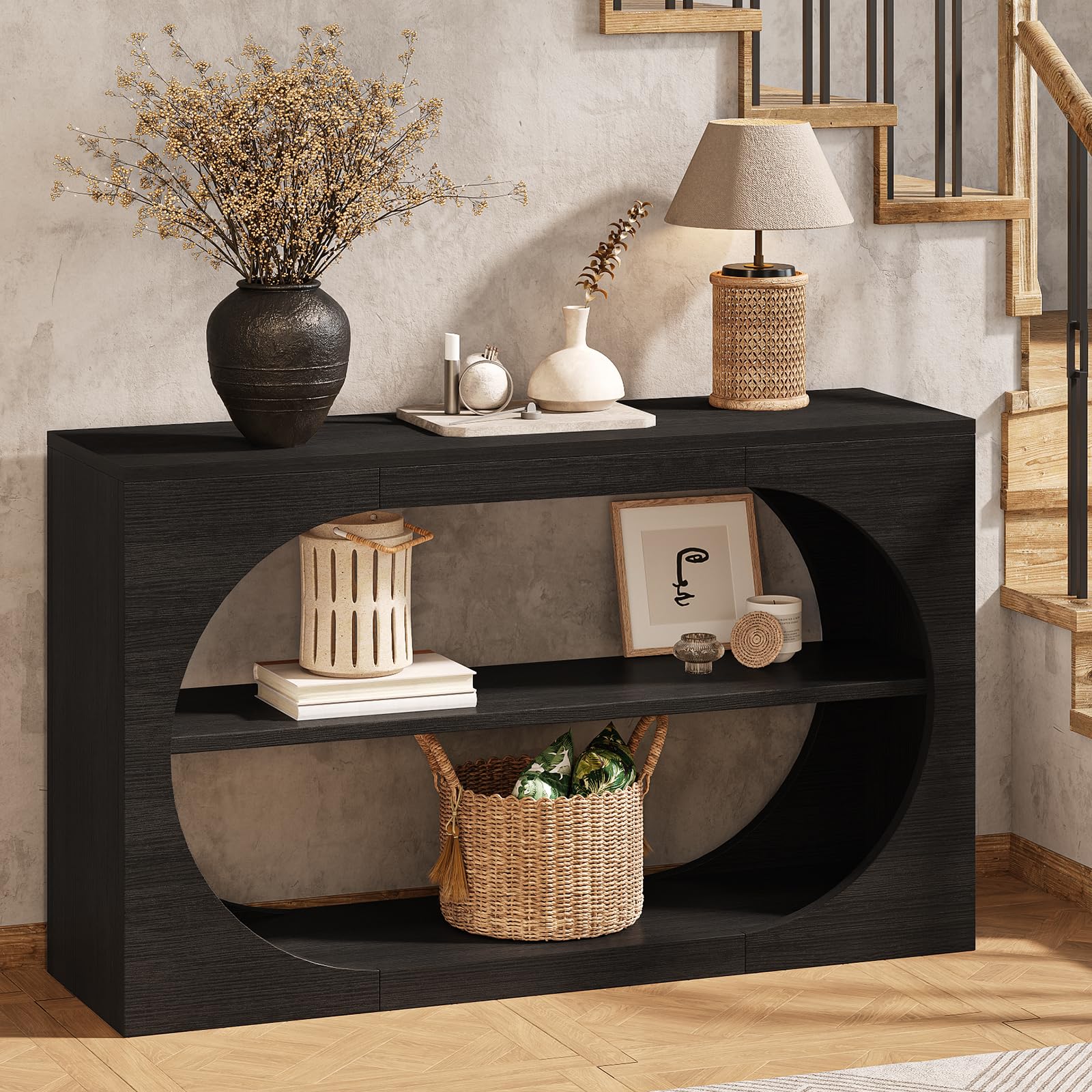 Tarnorci 55-Inch Entryway Table with Storage, 3-Tier Console Tables, Behind Couch Table Wood Narrow Console Tables for Entryway, Living Room, Foyer, Hallway, Entry (Black)