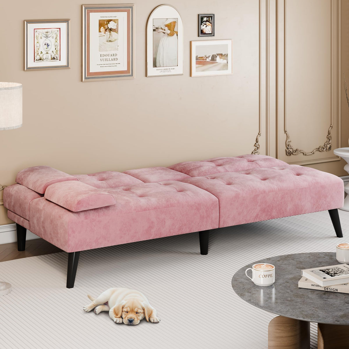 Meilocar Futon Sofa Bed, 64 in Small Couch with Cup Holders, Pink