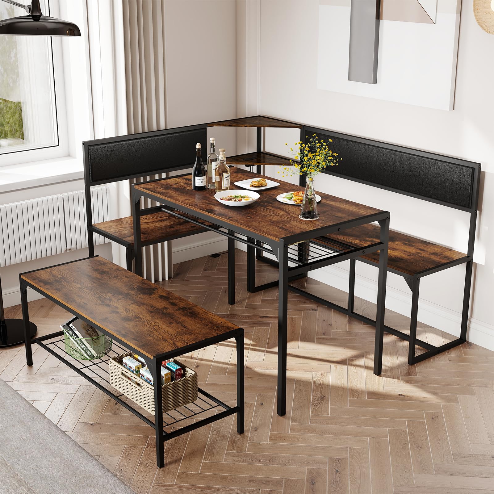 Zevemomo Kitchen Breakfast Nook Table Set for 4-6, Corner Dining Table Set with Charging Port, L-Shaped Corner Kitchen Table with Storage & Bench, Farmhouse Dining Table Set for Small Space, Brown