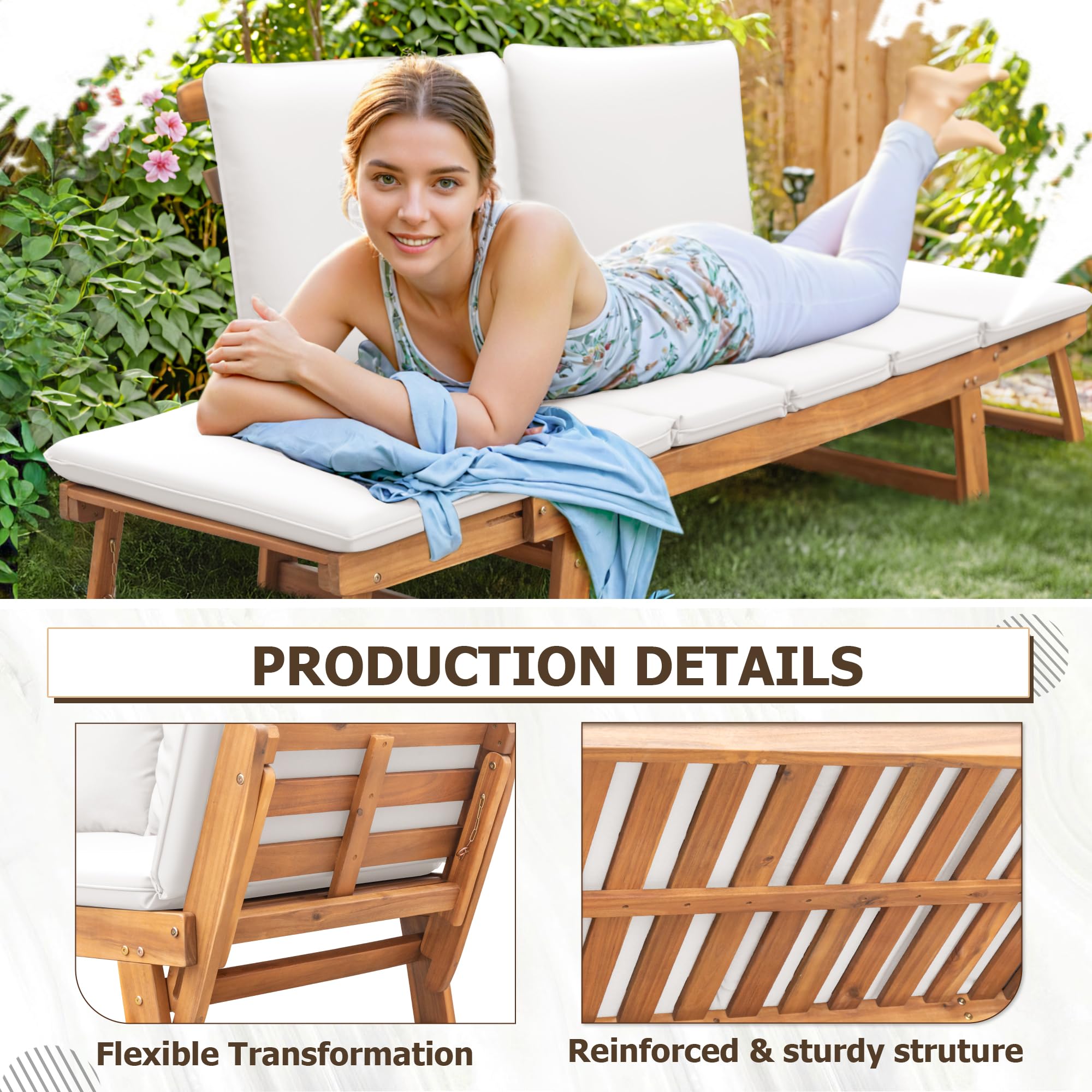 Acacia Wood Outdoor Convertible Sofa with Adjustable Backrest & Cushions