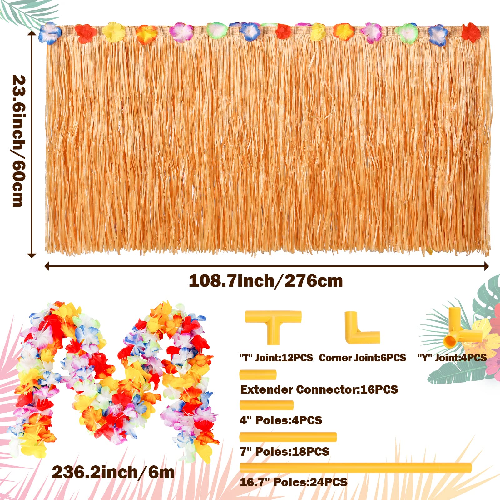 Auihiay Tiki Bar Hut, Tiki Bar Kit Includes Reusable Tiki Bar, Luau Party Flower Garland and Table Skirt for Summer Party, Luau Party Decorations