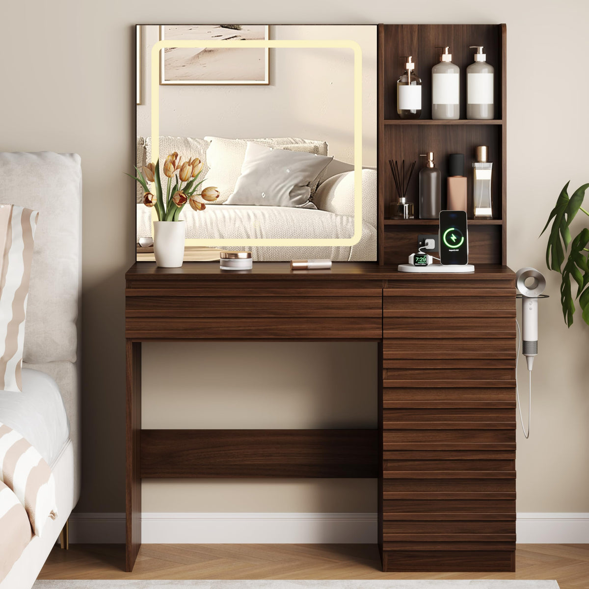 jmhdyg Makeup Vanity Desk with Lights, Fluted Vanity with 4 Drawers, Open Shelves, Power Outlet, LED Lighted Mirror, 3 Lighting Modes & Brightness Adjustable, Wood Dressing Table for Bedroom,Walnut