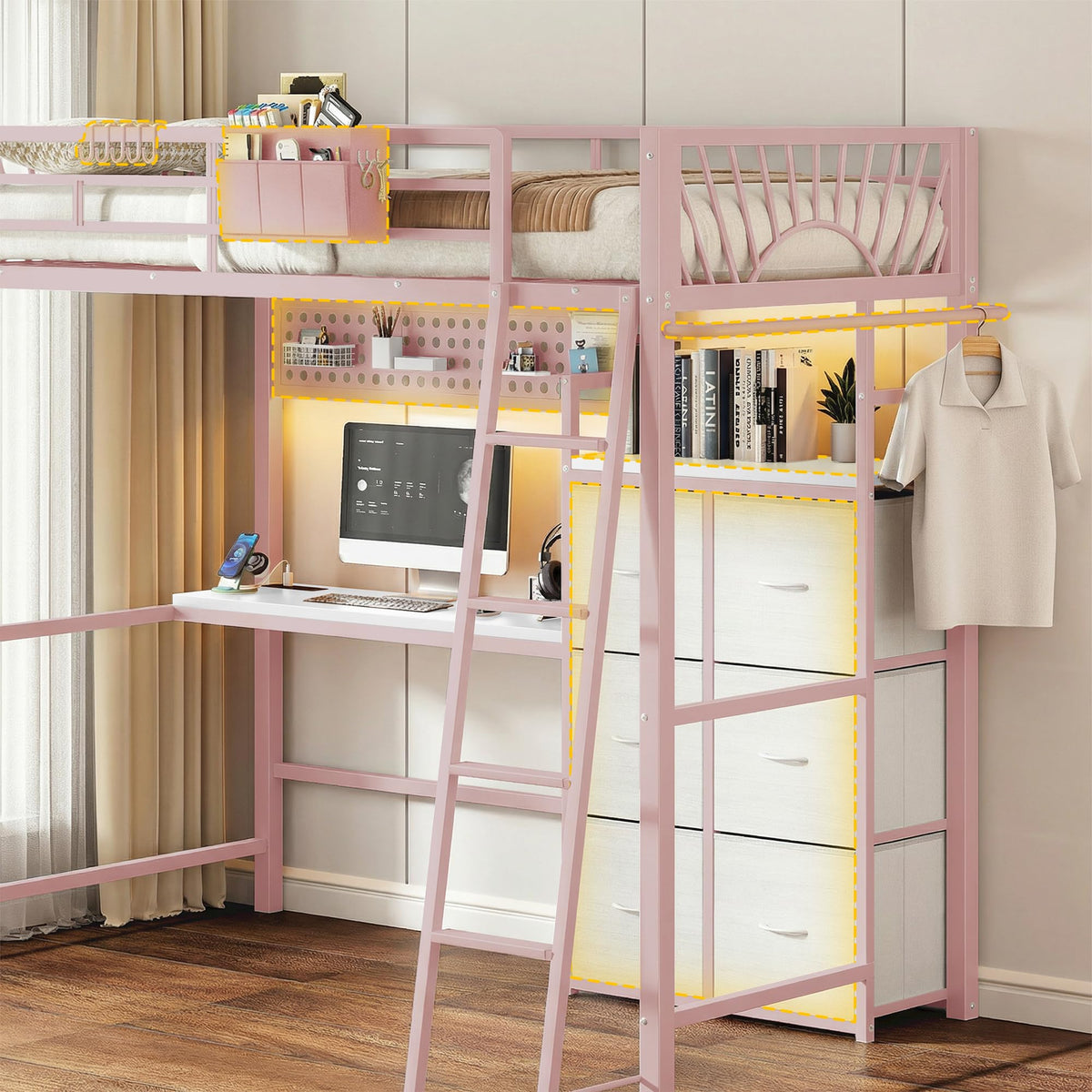 Twin Loft Bed with Desk and 6 Storage Drawers, Charging station & LED, Pink