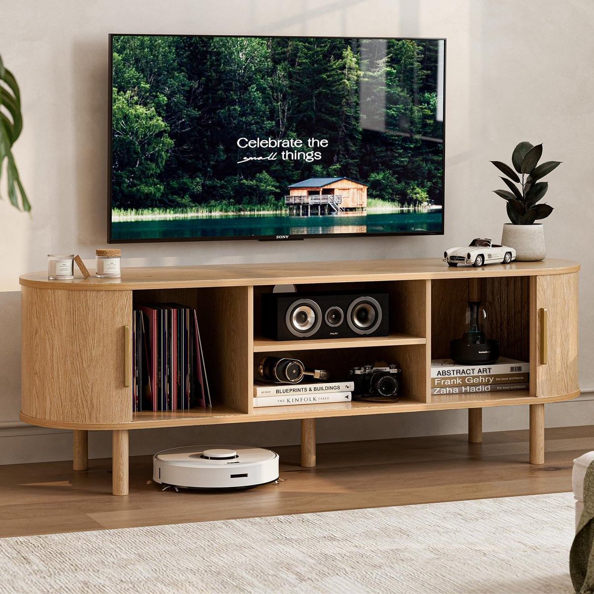 ZttRiee TV Stand with Sliding Doors for TVs up to 60", Modern, Natural